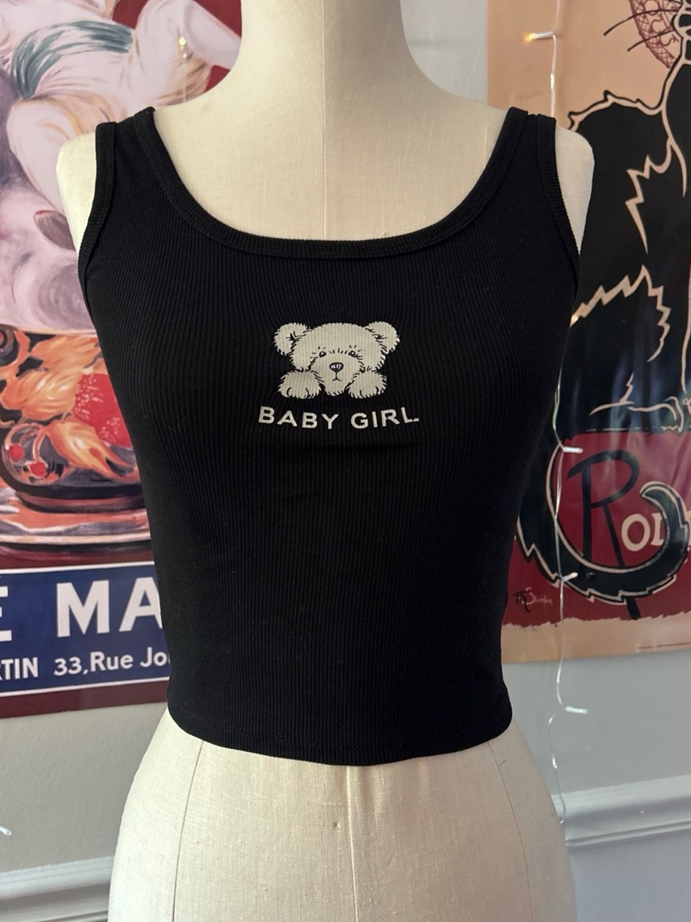 Black Ribbed 'Baby Girl' Bear Tank Top